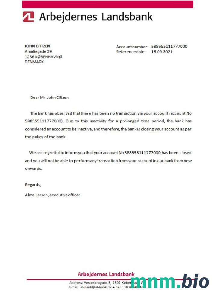 Przykład odniesienia do zamknięcia banku krajowego w Danii Arbejdernes w formatach Word i PDF